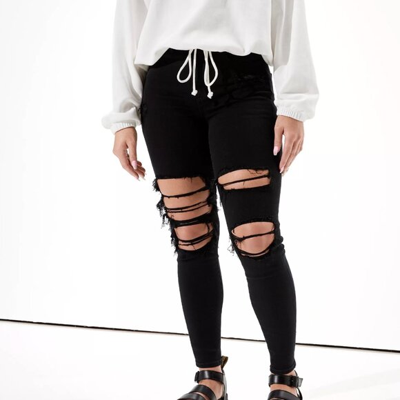 American Eagle 4 Regular Black Curvy Hi Rise Distressed Jegging Skinny Jeans - Picture 1 of 9